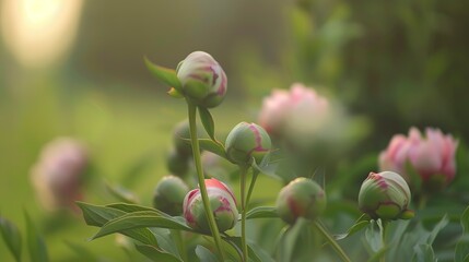 Peony buds about to bloom, close up, focus on pink and green colors, soft morning mist 