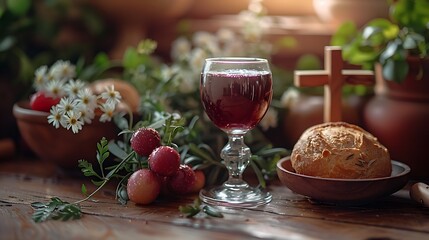 Obraz na płótnie Canvas A chalice of wine with bread and a cross on a subdued background symbolizing the sacred ritual of communion