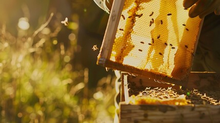 Beekeeper lifting frame from hive, close up, bees swarming, golden honeycomb, sunny day 