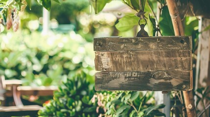 Handcrafted wooden sign for farm-to-table restaurant, close up, rustic look, set against lush garden background 