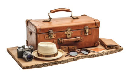 Retro suitcase with travel objects on wooden board on white background, png transparent