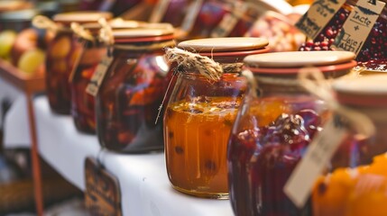 Handcrafted preserves and jams at market, close up, labels facing, arranged in rows 