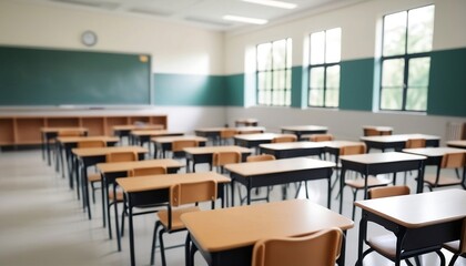 view of elementary class room no kid or teacher with chairs and tables in campus. Back to school concept, teacher's day, created with generative ai