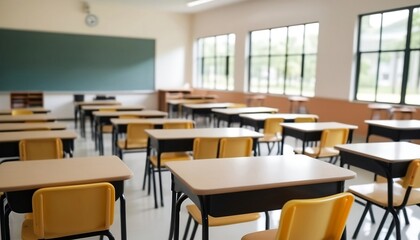 view of elementary class room no kid or teacher with chairs and tables in campus. Back to school concept, teacher's day, created with generative ai