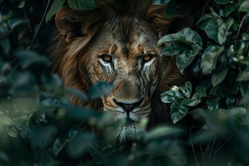 A fierce lion lurks among the bushes of the green forest. Lion camouflaged in a green forest environment with a penetrating gaze ready for action.