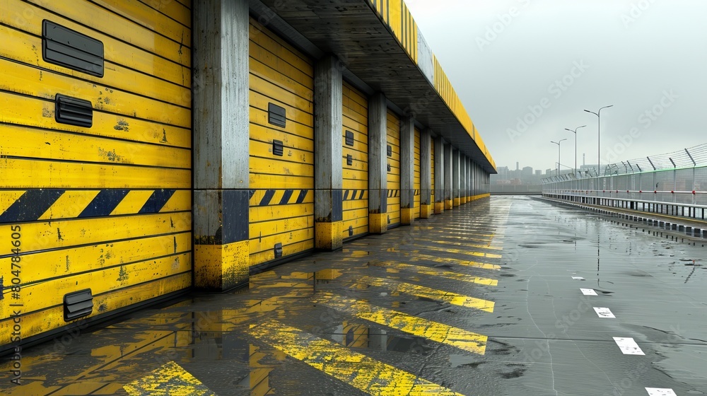Poster realistic rendering of spacious logistic warehouse dock station with factory and transportation hub