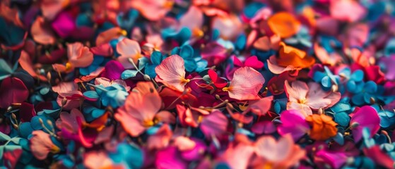 A close-up of a pile of colorful flower petals