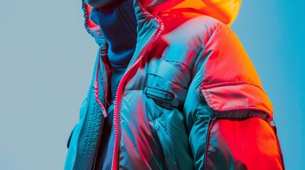 Generate  a fashion editorial image of a model wearing a blue and red puffer jacket with a high collar