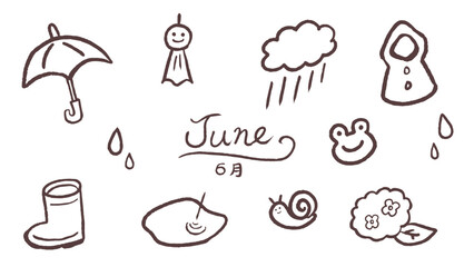 6月梅雨モチーフのかわいい手描き線画イラストセット