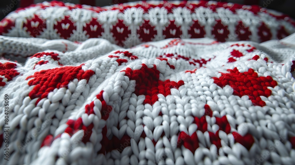 Poster close up view of intricate red and white patterned fabric texture for design inspiration