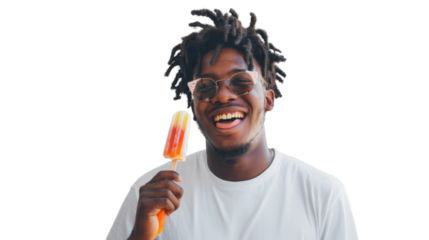 Portrait of a young smiling African American man eating a popsicle ice cream , on white background, png transparent