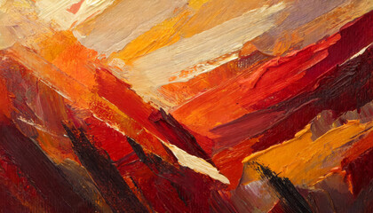 Abstract artistic painting texture close-up of rough red, maroon and orange colors with oil brush...