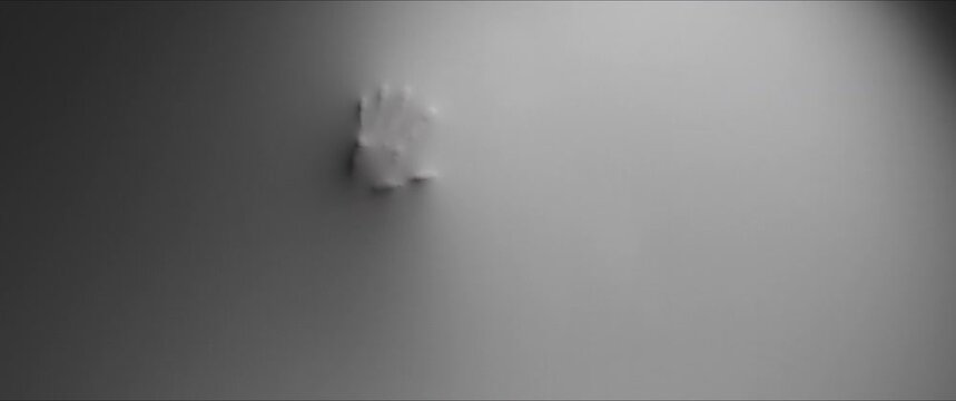 The shapes of the woman's hands push through the white surface