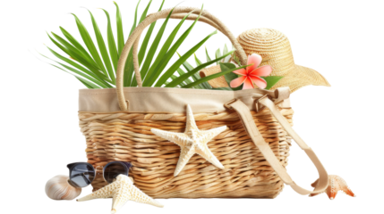 Beach bag with accessories and tropical beach, transparent, PNG file on white background 