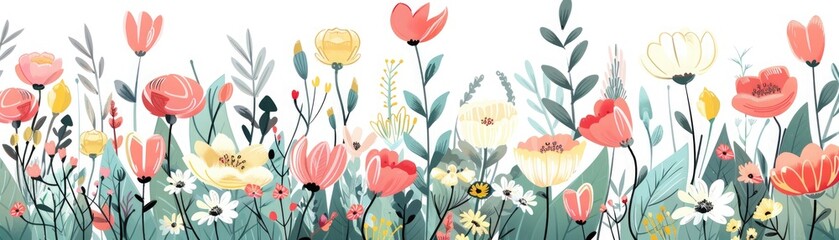 banner with colourful spring flowers on white background illustration