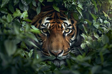 A fierce tiger lurks among the bushes of the green forest. Tiger camouflaged in a green forest environment with a penetrating gaze ready for action.