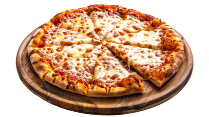 Pizza with cheese on top, cut into slices on a wooden board with an isolated white background, png 