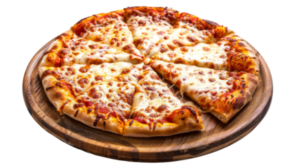 Pizza with cheese on top, cut into slices on a wooden board with an isolated white background, png 