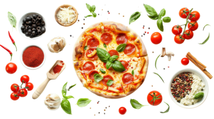 Pizza pepperoni and ingredients cut out on white background, png transparent