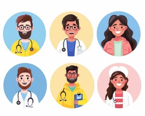 A set of icons, men and women in medical jobs style, doctor and nurse and professor and... on round circle labels and template frames.