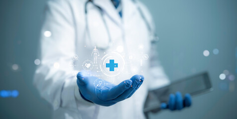 Medical worker hold digital healthcare network connection medical cross shape,displaying analysis,network connectivity modern interface.Concept of medical technology futuristic approach to healthcare