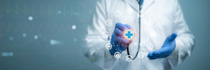 A medical worker holds a stethoscope, touching an icon representing medical network connection, amidst a modern virtual screen interface, illustrating the concept of medical technology network