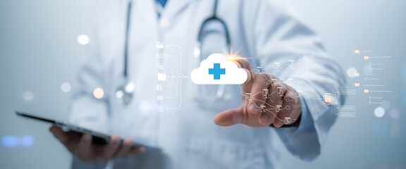 A medical worker touch technology cloud computing medical cross shape and Big Data Healthcare concept.Information technology computing medicine integration. Medical database, cloud server.