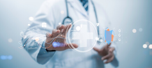 Medical worker touch digital healthcare network connection medical cross shape,displaying analysis,network connectivity modern interface.Concept of medical technology futuristic approach to healthcare