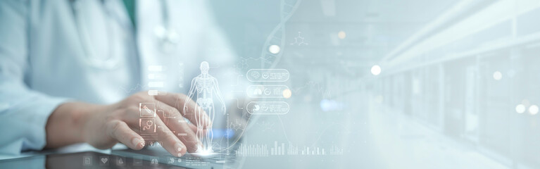 Medical worker work with virtual screen electronic medical record. DNA. Digital healthcare and...