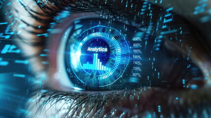 Close-up of an eye with a high-tech analytics data interface ove