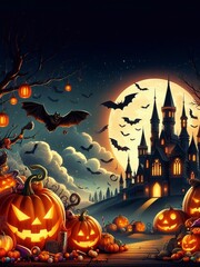 Illustration for Halloween poster, pumpkin, bat, castle generative ai art
