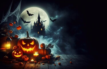 Fototapeta premium Illustration for Halloween poster, pumpkin, bat, castle generative ai art