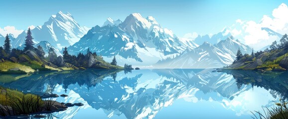 A tranquil alpine lake, mirrored reflections, snow-capped peaks, DSLR camera with a prime lens, calm waters, picturesque landscape., cartoon style, background,comic panel background
