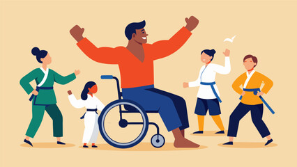 A man with a spinal cord injury learns how to use his upper body strength in a specialized kung fu class mastering defensive moves that can be adapted. Vector illustration