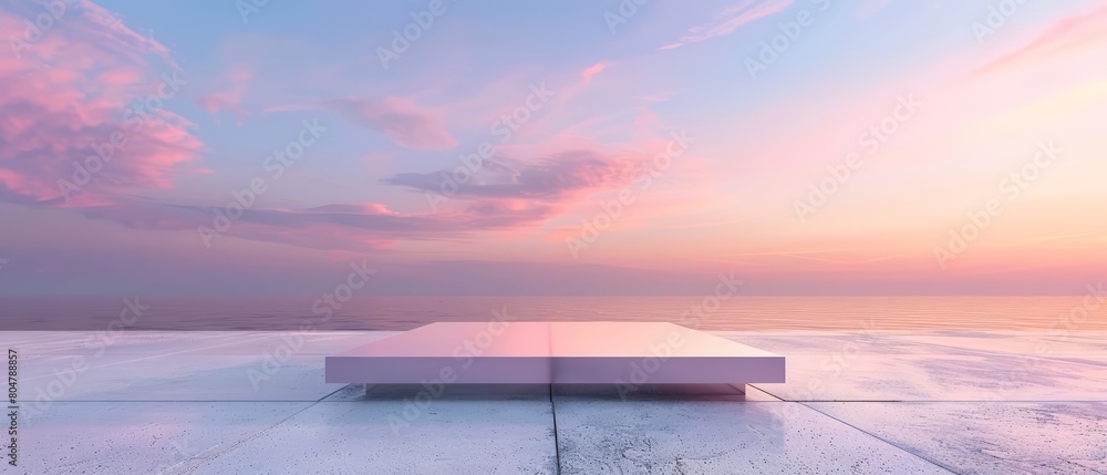 Poster a 3d render of a minimalist landscape at sunrise features an empty square floor extending towards a 