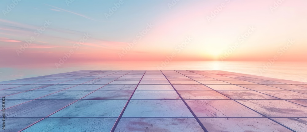 Poster a 3d render of a minimalist landscape at sunrise features an empty square floor extending towards a 