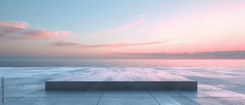 Poster a 3d render of a minimalist landscape at sunrise features an empty square floor extending towards a 