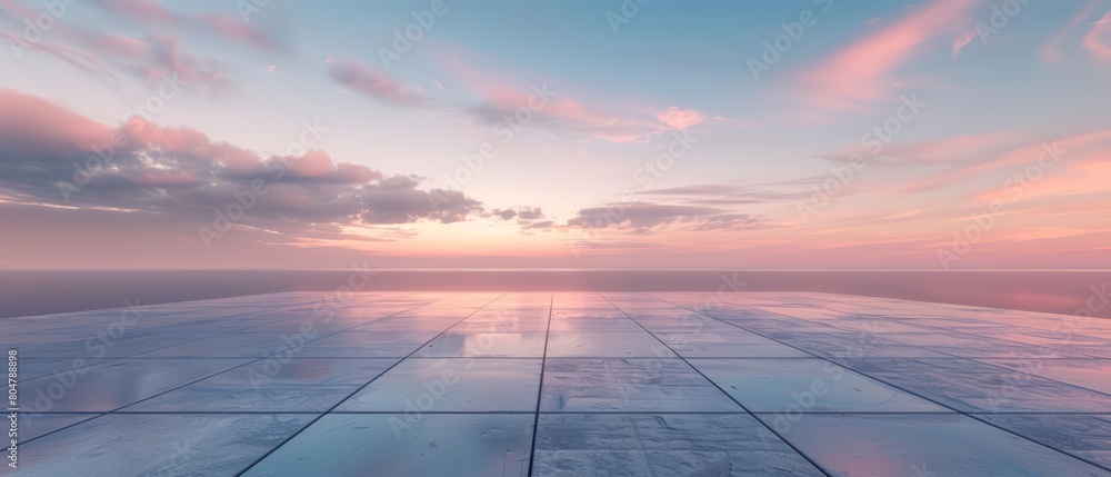 Poster a 3d render of a minimalist landscape at sunrise features an empty square floor extending towards a 