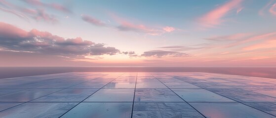 A 3D render of a minimalist landscape at sunrise features an empty square floor extending towards a horizon lit by the soft pastel colors of dawn, Sharpen Landscape background