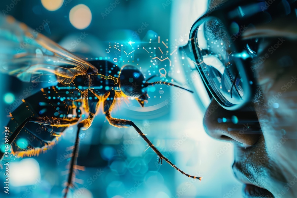 Poster a close up cyber concept captures an entomologist using robotic insects to study real bug behaviors 