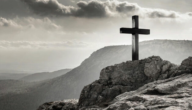 Religious Christian banner of a black and white wooden cross on rock hilltop.