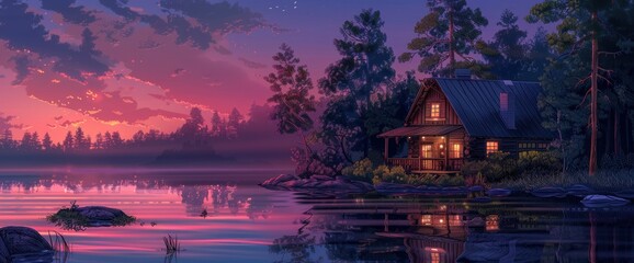 Fototapeta premium A tranquil lakeside cabin at twilight, reflections on water, peaceful ambiance, DSLR camera with a standard lens, twilight hues, serene retreat., cartoon style