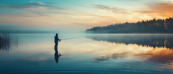 A fishermans silhouette at dusk on a quiet lake, casting lines into the fading light, encapsulates a peaceful escape, Sharpen closeup highdetail realistic concept good mood tone