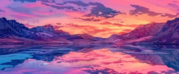 A tranquil mountain lake at sunset, mirrored reflections, colorful sky, DSLR camera with a standard lens, twilight hues, idyllic landscape., cartoon style