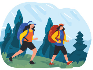 Two female hikers trekking through mountainous landscape, enjoying outdoor adventure, dressed active wear. Women equipped backpacks hats hike through forested area, depicted flat graphic. Nature