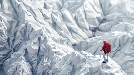 A mountain climber reaching the summit, the landscape around them a sprawling vista of crinkled paper rocks and snow, paper art style concept