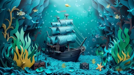 A sunken pirate ship at the bottom of the ocean, surrounded by treasure chests and paper sea creatures, paper art style concept