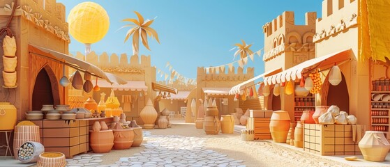 An ancient Egyptian marketplace with stalls selling paper spices and fabrics, under a sun made of goldenyellow paper, paper art style concept