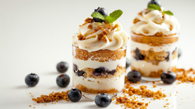 Party dessert table. Mini Blueberry and Cherry Greek Yogurt Parfaits in a plastic cup. ai