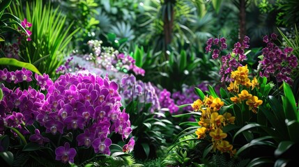In a vibrant botanical garden lush greenery serves as a backdrop to a stunning display of purple flowers intermingled with bursts of yellow blooms - Powered by Adobe